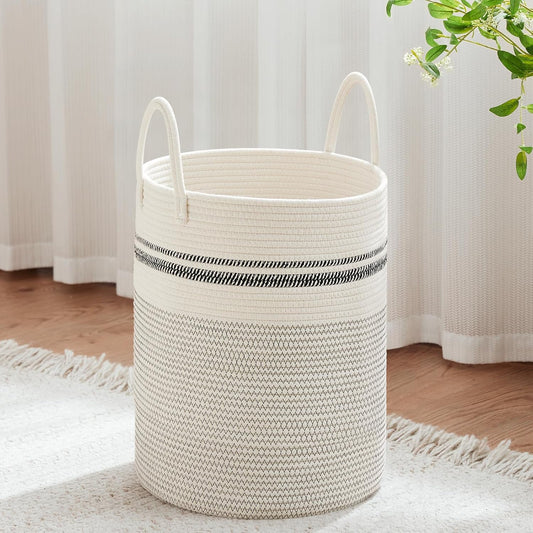 VIPOSCO Large Laundry Hamper, Tall Woven Rope Storage Basket for Blanket, Toys, Dirty Clothes in Living Room, Bathroom, Bedroom - 53L Stripe White