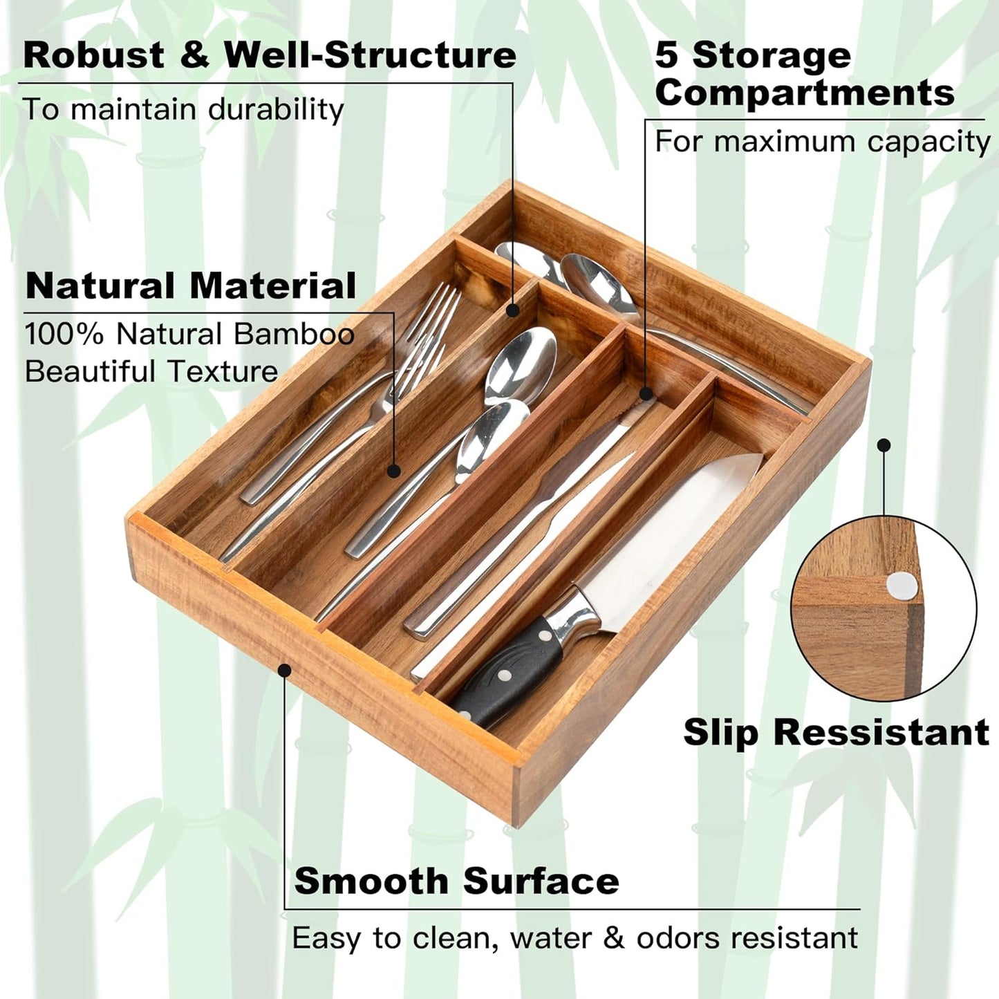 Silverware Organizer Acacia Kitchen Drawer Organizer Utensil Organizer Silverware Holder Cutlery Organizer in drawer Flatware Organizer Tray (Acacia 5 Slots)