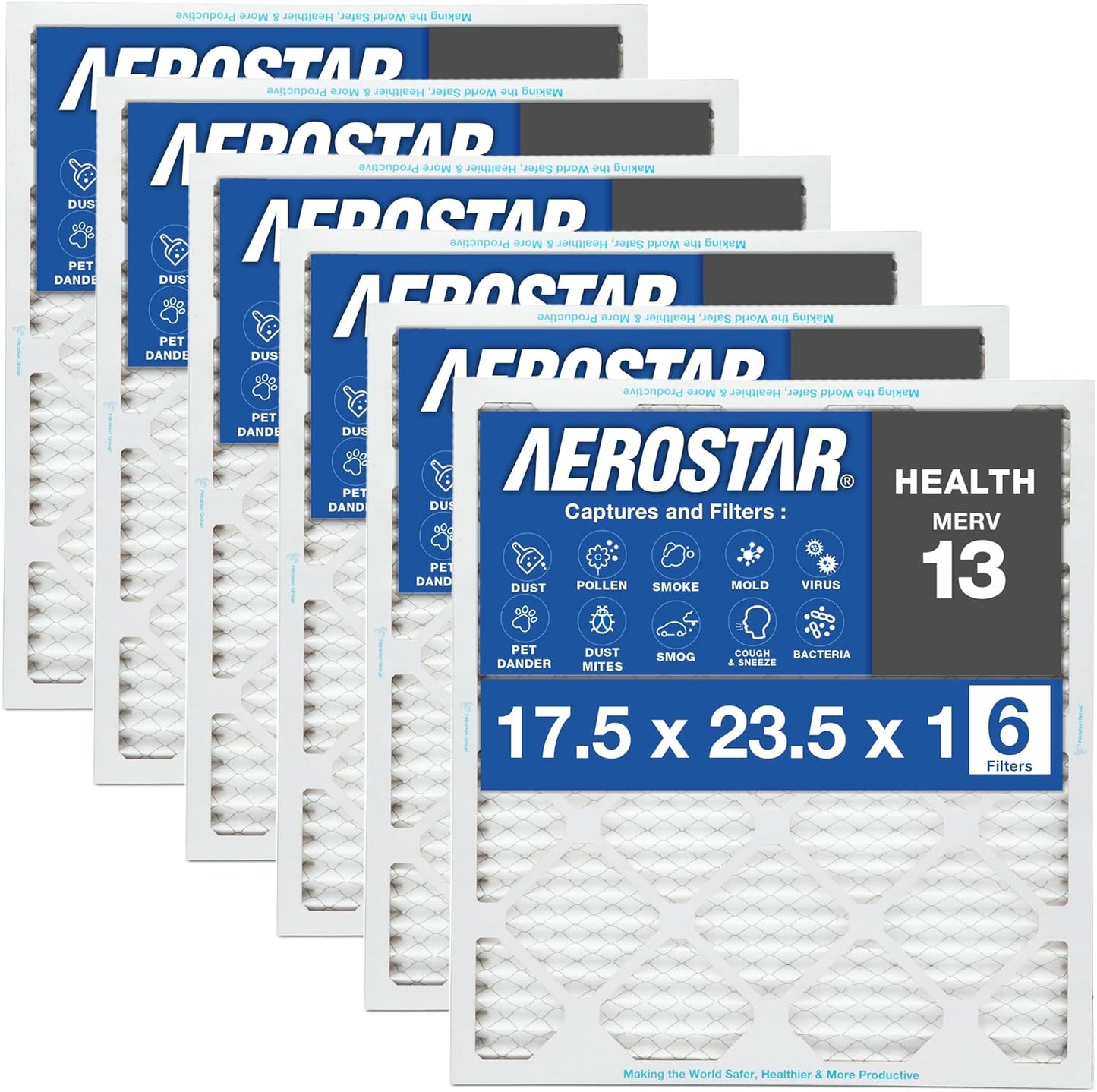 Aerostar 17 1/2x23 1/2x1 MERV 13 Pleated Air Filter, AC Furnace Air Filter, 6 Pack (Actual Size: 17 1/2" x 23 1/2" x 1")