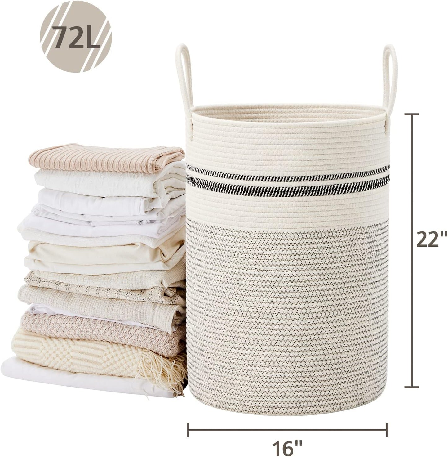 VIPOSCO Large Laundry Hamper, Tall Woven Rope Storage Basket for Blanket, Toys, Dirty Clothes in Living Room, Bathroom, Bedroom - 72L Stripe White