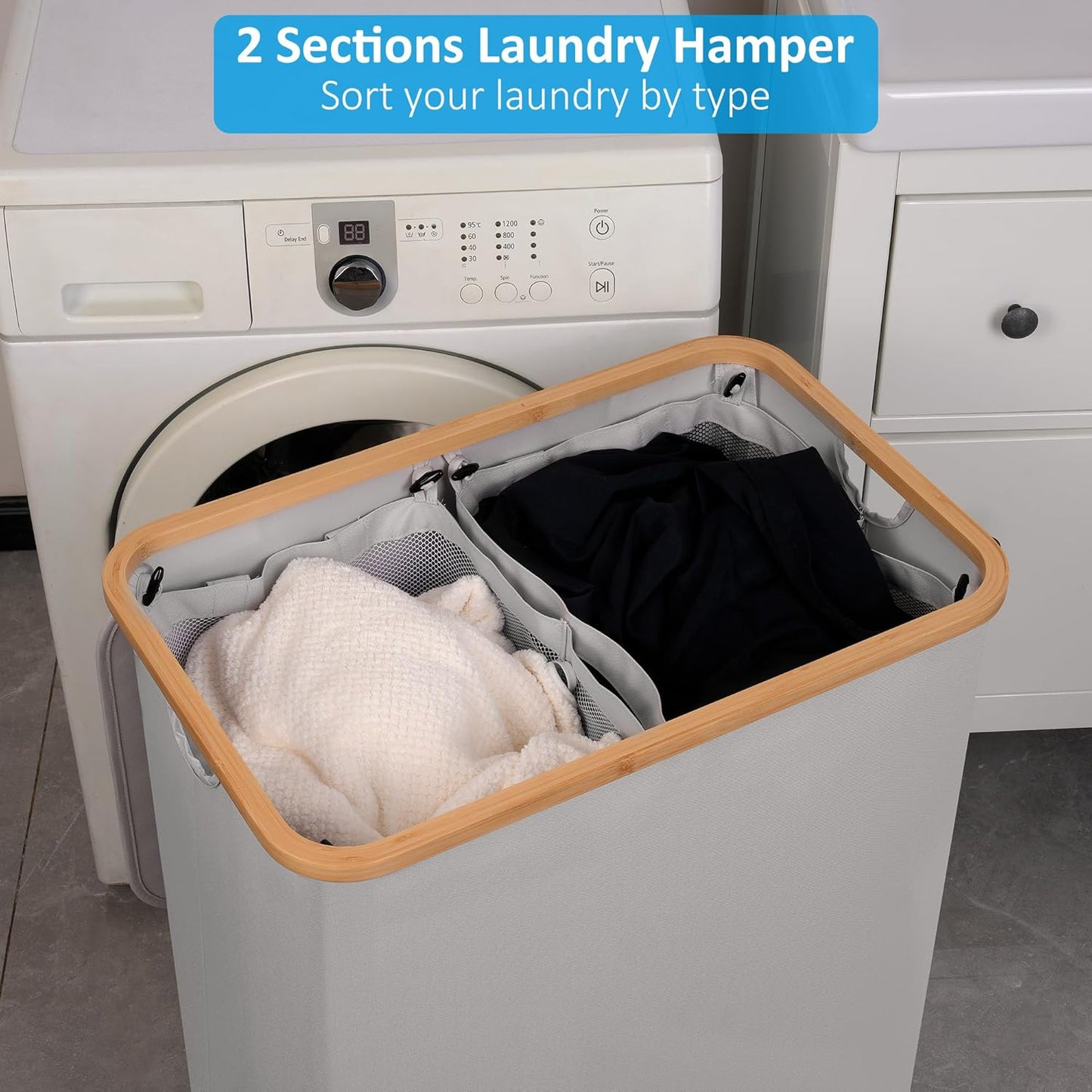 Double Laundry Hamper with Lid, Divided Laundry Hamper with Removable Bags, 2 Section Dirty Clothes Basket with Handles for Bathroom, Bedroom & Laundry Room, 160L Dove Gray
