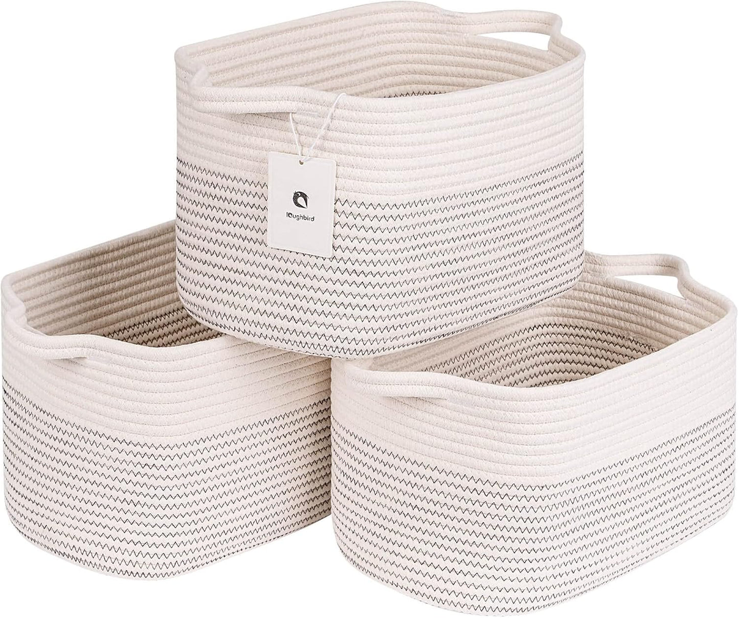 Medium and Large Woven Basket//With Handle, Used for Toys and Fabric Storage Basket used for Storing xl Storage Box, Decorative Storage Box Room 2pack (14L*10W*8.6H White/Black Line, 14Lx10Wx8.6H)