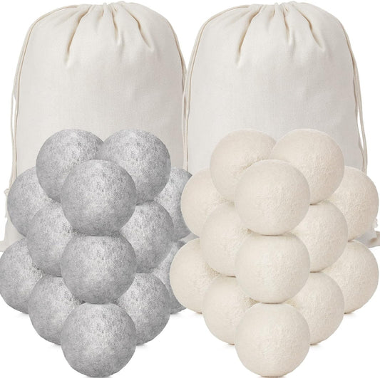 Roowest 32 Pieces Wool Dryer Balls Set 30 Reusable Wool Balls with 2 Muslin Bags Wool Laundry Balls Fabric Softener Ball Anti Wrinkle Anti Static Saving Energy and Time