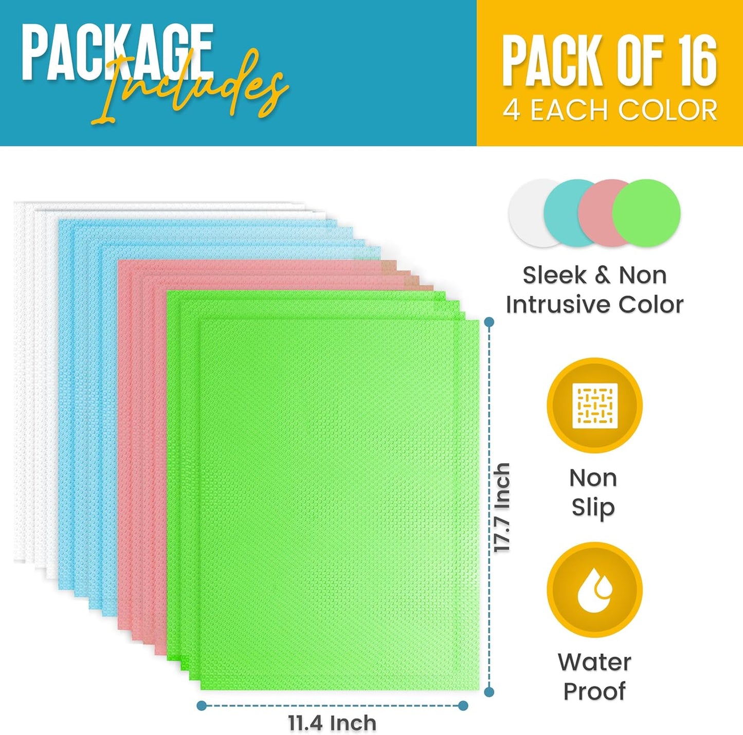 Refrigerator Liners for Shelves (16 Pack) by Linda’s Essentials - Non-Adhesive Shelf or Drawer Liner, BPA-Free Fridge Mats for Kitchen & Cabinets, Easy to Clean, Ideal Household Essentials(MultiColor)