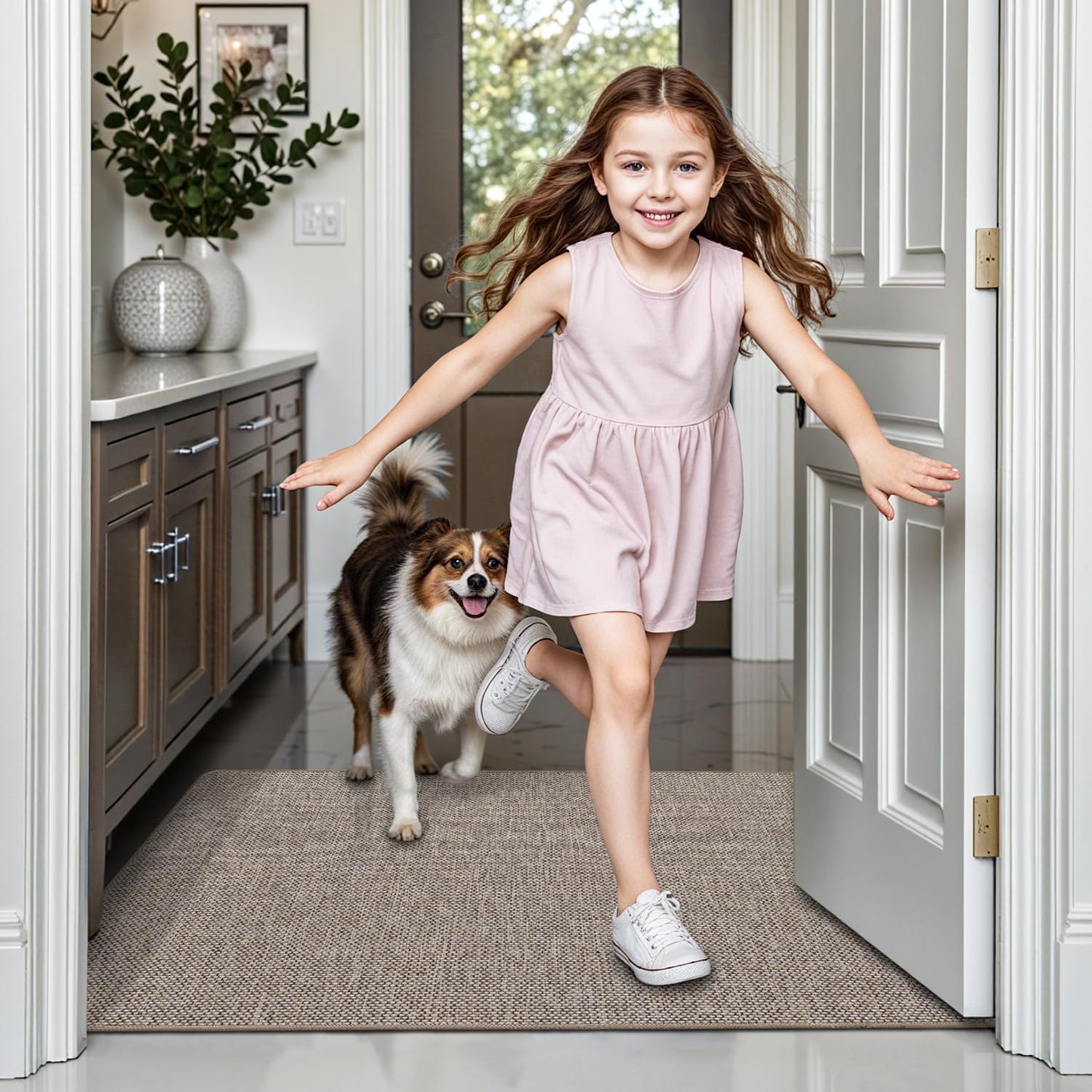 LUMI Ultra Thin Door Mat for Entryway, Low Profile Non Slip Rubber Backing Indoor Doormat, Easy Clean Welcome Entrance Mat for Inside House, Patio,Beige 20"x32"