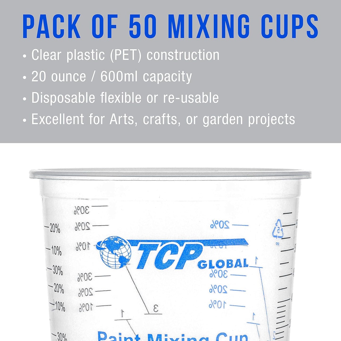 TCP Global 20 oz. (600ml) Graduated Plastic Mixing Cups - Box of 50 with 50 Mixing Sticks - Disposable Plastic Measuring Cups for Liquids, Paints, Resin, Epoxy, Art, Kitchen - Ratios 2-1, 3-1, 4-1 ML