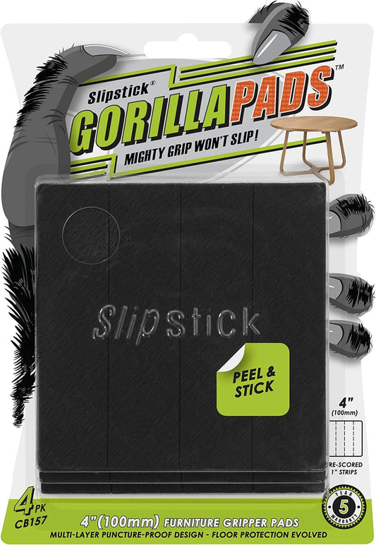 Slipstick GorillaPads Non Slip Furniture Pads/Gripper Feet Floor Protectors (Set of 4) Premium 4 Inch Pre-Scored Square Self Adhesive Rubber Stoppers for Furniture Legs, Black, CB157