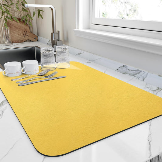 Dish Drying Mat for Kitchen Counter, Heat Resistant Drainer Mats with Non-slip Rubber Backed, Hide Stain Kitchen Super Absorbent Draining Mat, Easy to Clean Dish Rack Pad, Yellow 18"x32"