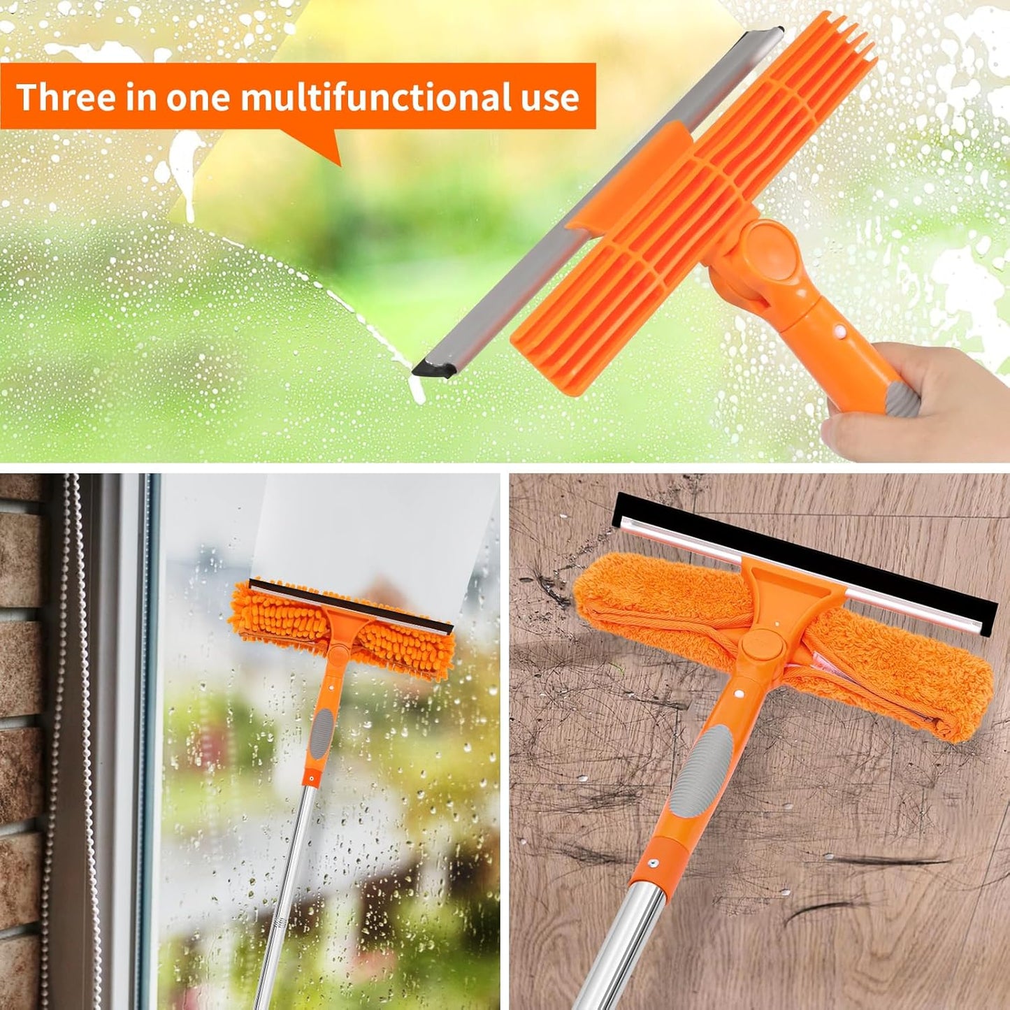 Professional 72'' Window Squeegee Cleaning Washing Tool/Kit with Extension Pole, 3 in 1 Squeegee for Window Cleaning Kit for High Window with 1 Rotatable Head 4 Interchangeable Scrubber