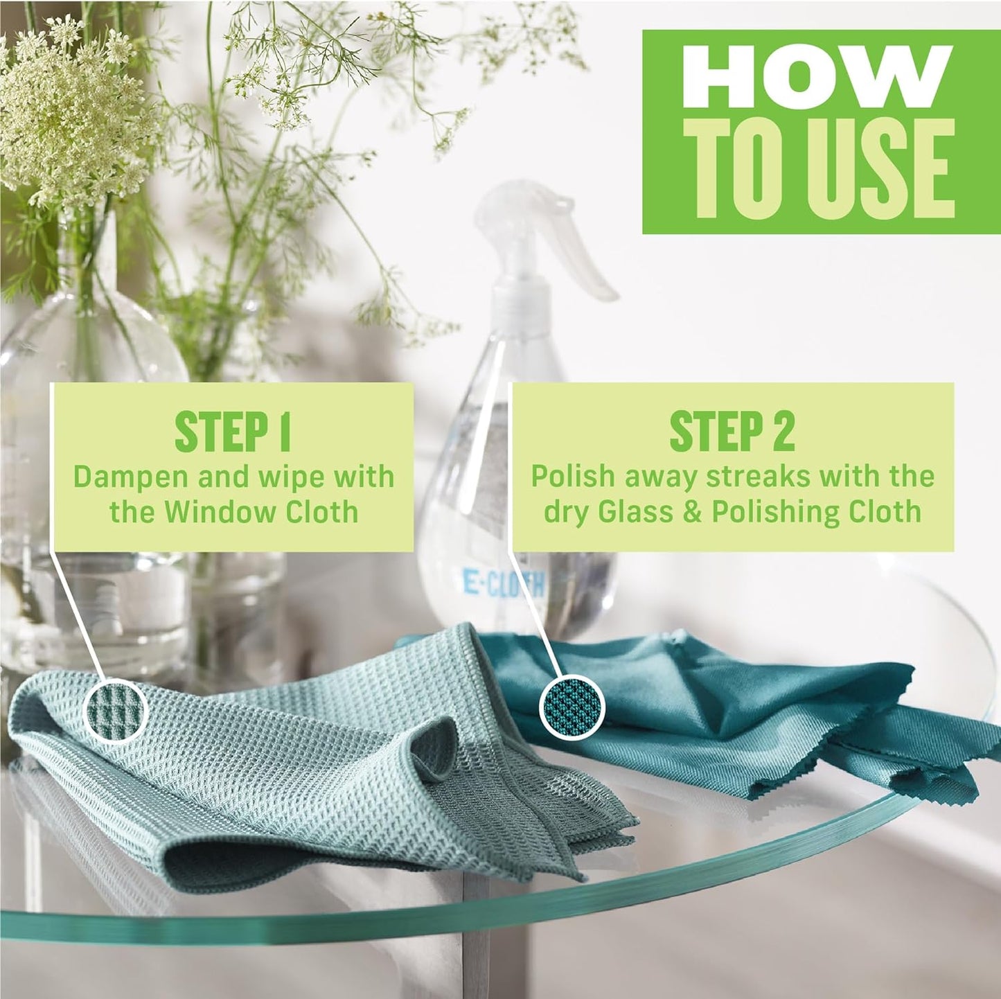 E-Cloth Microfiber Cleaning Cloth Glass Kit - Microfiber Towel Window Cleaning Kit - Microfiber Towels for Cars, Windows, Mirrors, & More - Winter Green