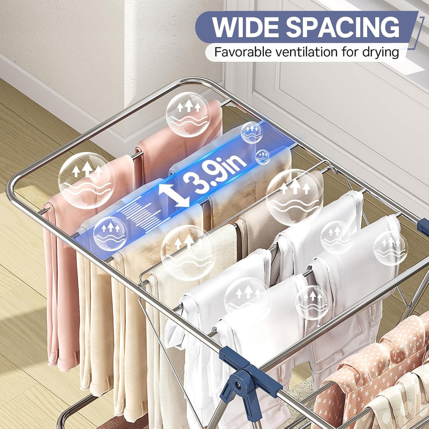 APEXCHASER Clothes Drying Rack with 4 Wings, Stainless Steel Drying Rack Clothing with Height-Adjustable, Foldable Gullwings Laundry Drying Rack, Indoor Outdoor Use, No Assembly, Blue