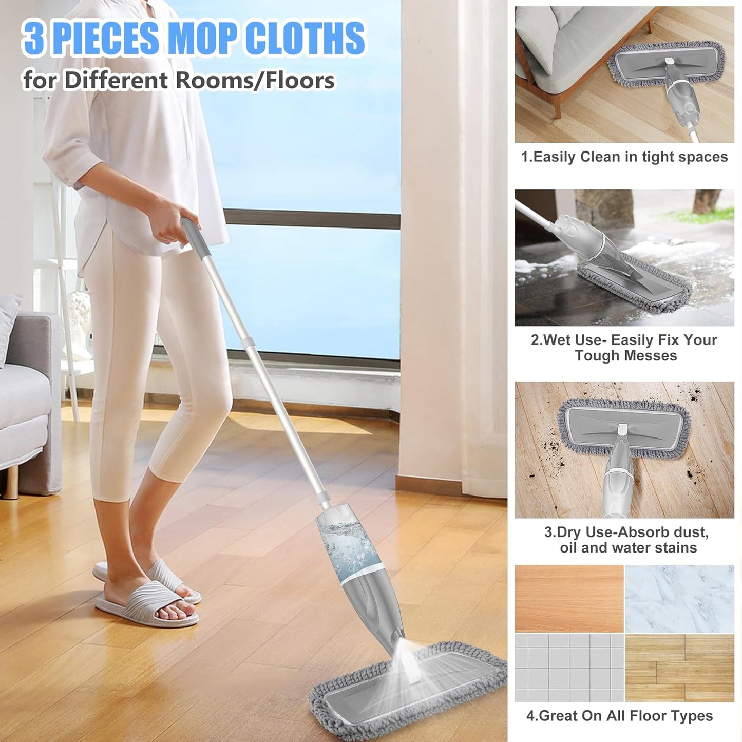 Microfiber Spray Mops for Floors Cleaning: EXEGO Dust Mop Wet Mop with 3 Washable Resuable Pads -440ML Refillable Bottle and 1 Scraper - Flat Floor Mop for Hardwood Laminate Ceramic Tiles Vinyl Woood