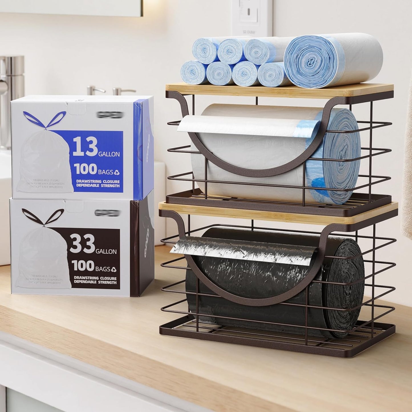 Extra Large Trash Bag Holder Under Sink Stackable Kitchen Storage 2 Pack, Pantry Organizers and Storage, Wall Mounted Garbage Bag Dispenser Roll Holder for Laundry Room and Kitchen