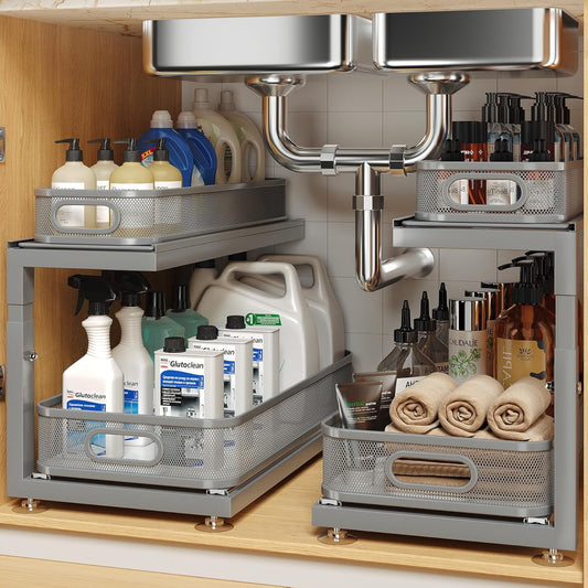 2-Pack 18.5 IN Depth Under Sink Organizer With Next-Gen Ball-Bearing Slides,Sophisticated Mesh 2-Tier Pull Out Shelf for Kitchen & Bathroom,Fits Small Items-Gun Gray