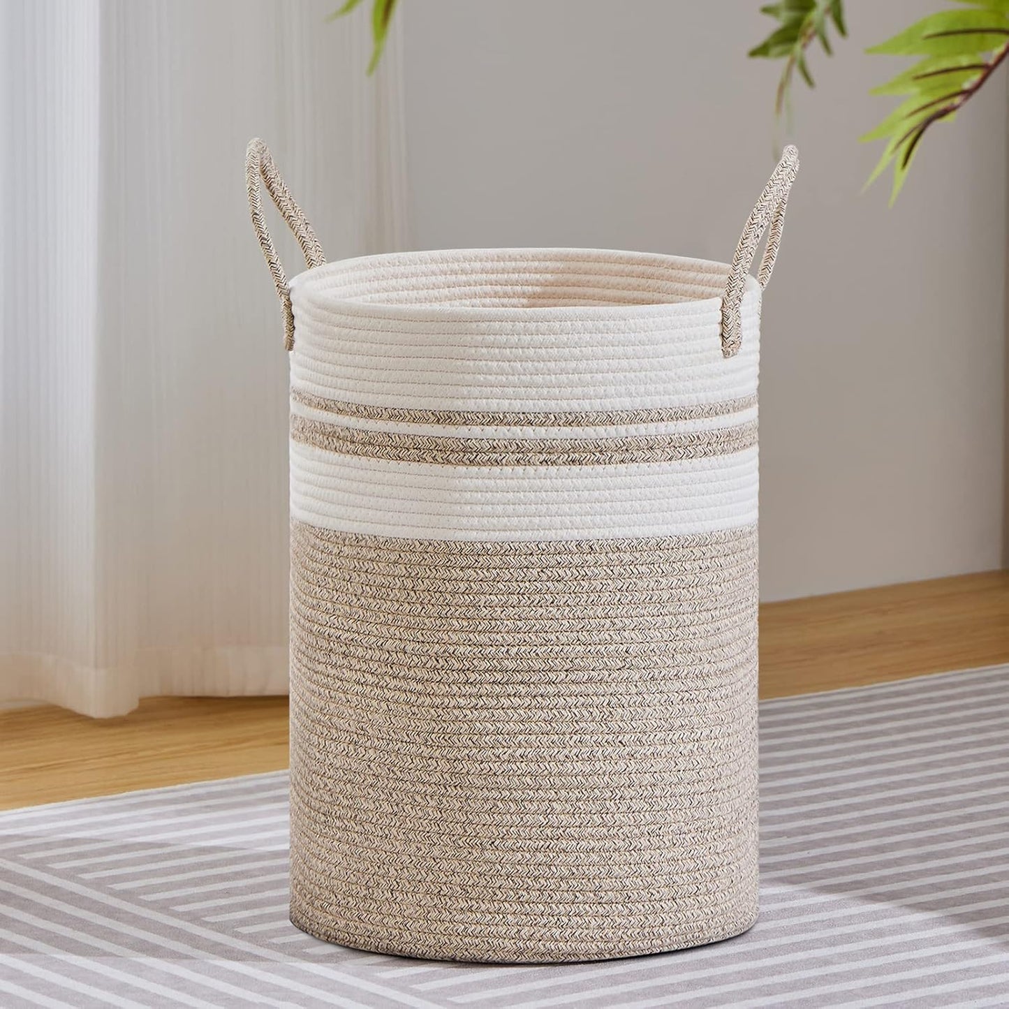 VIPOSCO Large Laundry Hamper, Tall Woven Rope Storage Basket for Blanket, Toys, Dirty Clothes in Living Room, Bathroom, Bedroom - 58L Brown & White