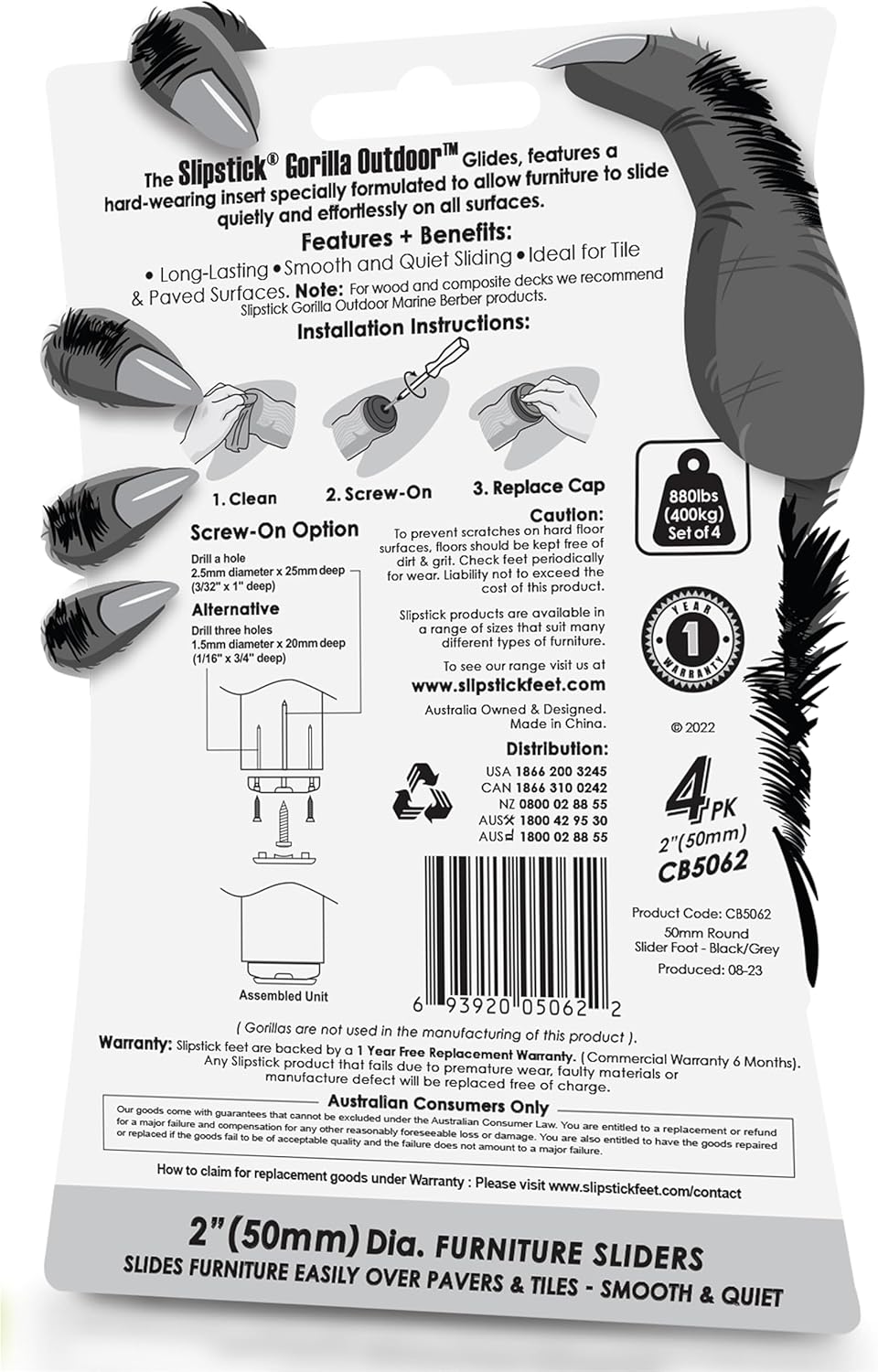 Gorilla Outdoor 2 Inch Furniture Sliders/Screw on Nylon Glide Floor Protectors (Set of 4 Glides) for Carpet and Hard Surface Sliding on Outdoor & Indoor Floors