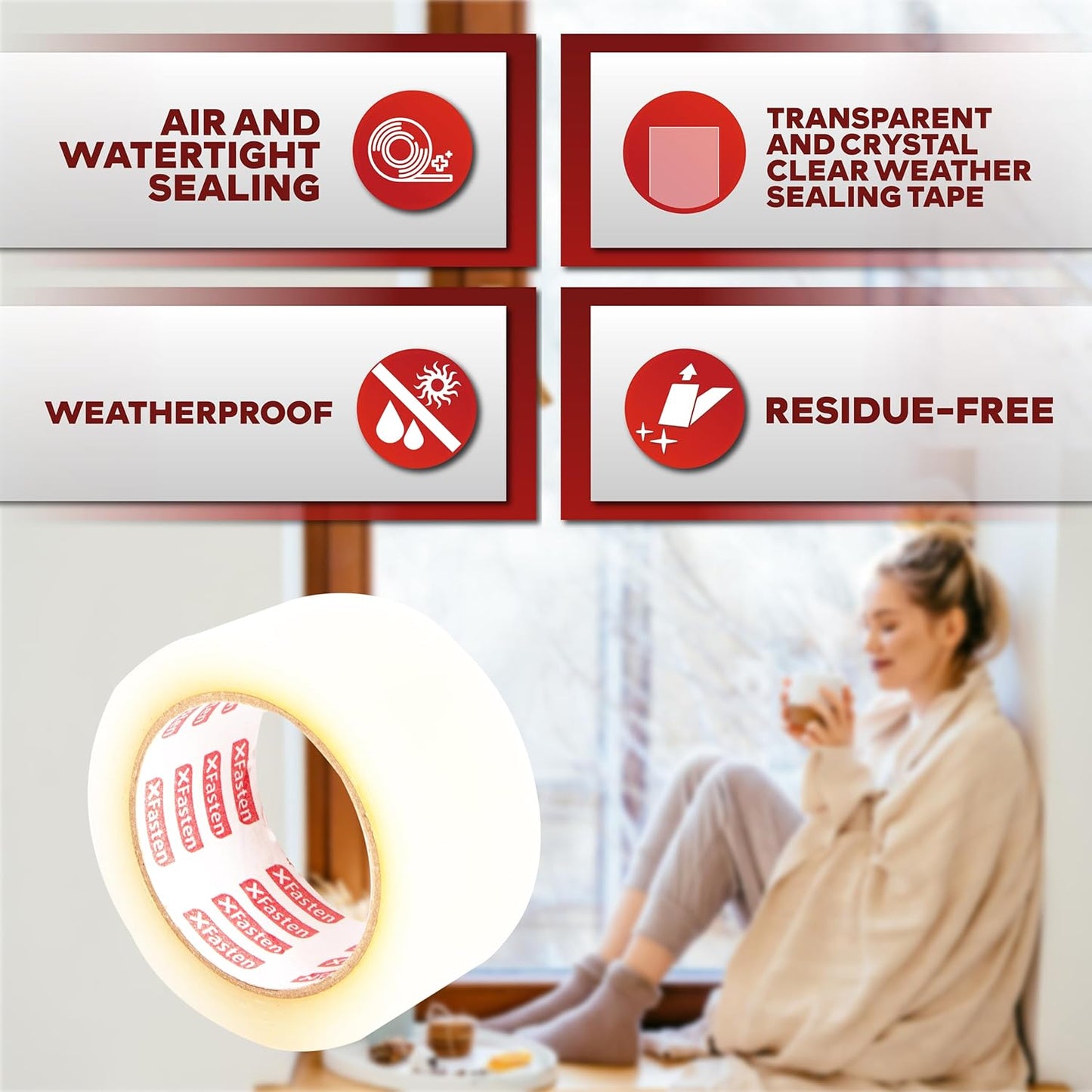 XFasten Transparent Window Weather Sealing Tape, 2-Inch x 30 Yards (50.8mm x 27.43m), Clear Window Draft Isolation Sealing Film Tape, No Residue