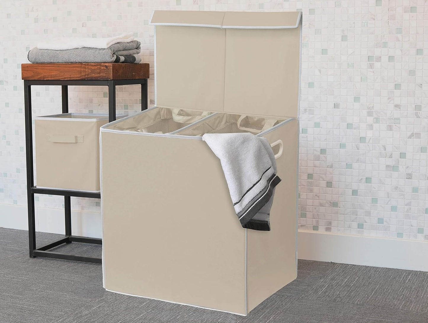 Simple Houseware Double Laundry Hamper with Lid and Removable Laundry Bags, Beige