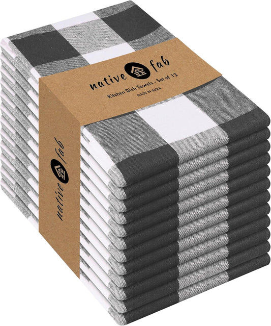 Native Fab 12-Pack Kitchen Towel with Hanging Loop 16x26 inches, Cotton Buffalo Check Kitchen Towels for Cleaning Drying, Washcloths Soft & Absorbent Cloth Rags, Bar Towel, Dish Cloth, Grey