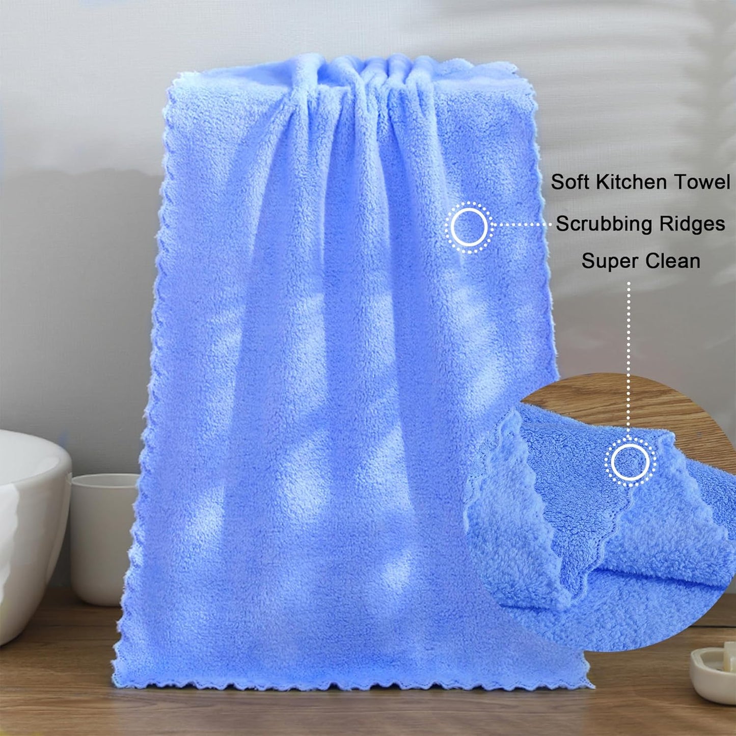 kimteny Kitchen Cloth Dish Towels, 13x28 Inches Premium Dishcloths, Super Absorbent Coral Velvet Microfiber Cleaning Cloths, Fast Drying Rags for Washing Dishes (13x28-6 Pack, Blue)