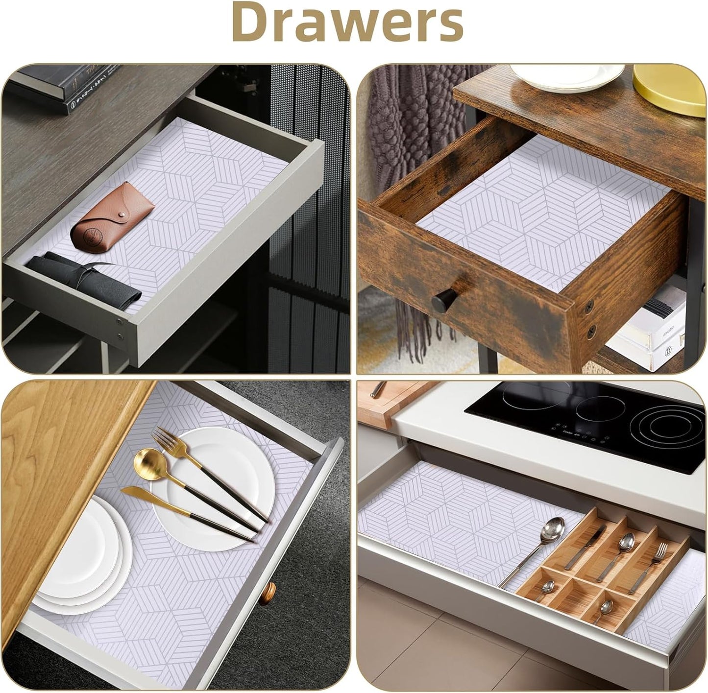 Shelf Liners for Kitchen Cabinets Non Adhesive Shelf Liner Paper Non-Slip Thickened Drawer Liner Easy to Clean for Tool Box Refrigerator with Knife and Tape Measure, Silver Geometric, 11.8 x 236.2 in