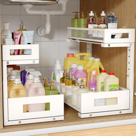 2 Pack 17IN Depth Under Sink Storage Organizer, Large 2-Tier Elegant Mesh Pull Out Shelf for Kitchen and Bathroom Cabinet Organization, L-Shaped and Adjustable Height Design-White