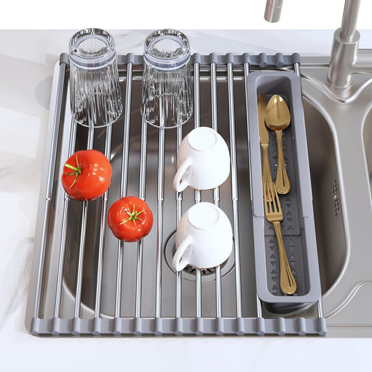 JASIWAY Roll Up Dish Drying Rack, Expandable (12.8"-23.8" D x 12.8" W) Stainless Steel Portable Drainer for Kitchen Sink Counter, Foldable Over The Sink Cover with Removable Utensil Holder