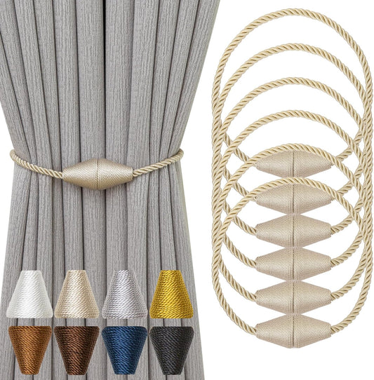 Magnetic Curtain Tiebacks 6 Pack Outdoor Rope Curtain Tie Backs Decorative Window Treatment Holdbacks for Home Decorative Curtain, Beige