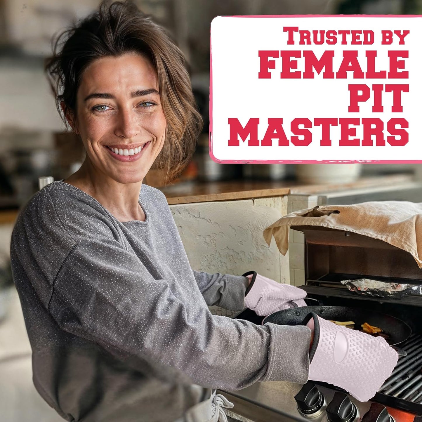 KITCHEN PERFECTION XL Silicone Smoker Oven Gloves for Women -Extreme Heat Resistant BBQ Gloves -Handle Hot Food Right on Your Grill Fryer&Pit|Waterproof Grilling Cooking Mitts|Superior Set+3 Bonuses