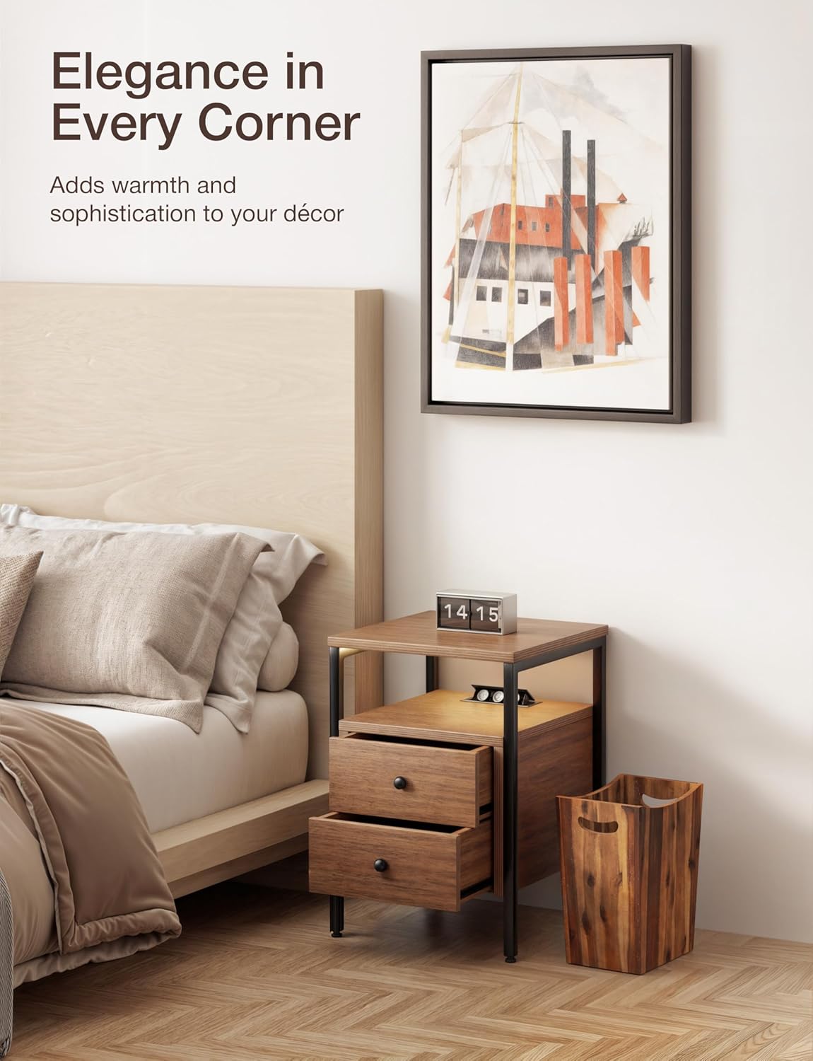 2 Gallons Rectangular Wastebaskets - Acacia Wood Waste Basket with Handles - Small Trash Can for Bathroom - Brown Garbage Bin for Spa Bathroom Decorative, Kitchen Counter, Living Room (Walnut)