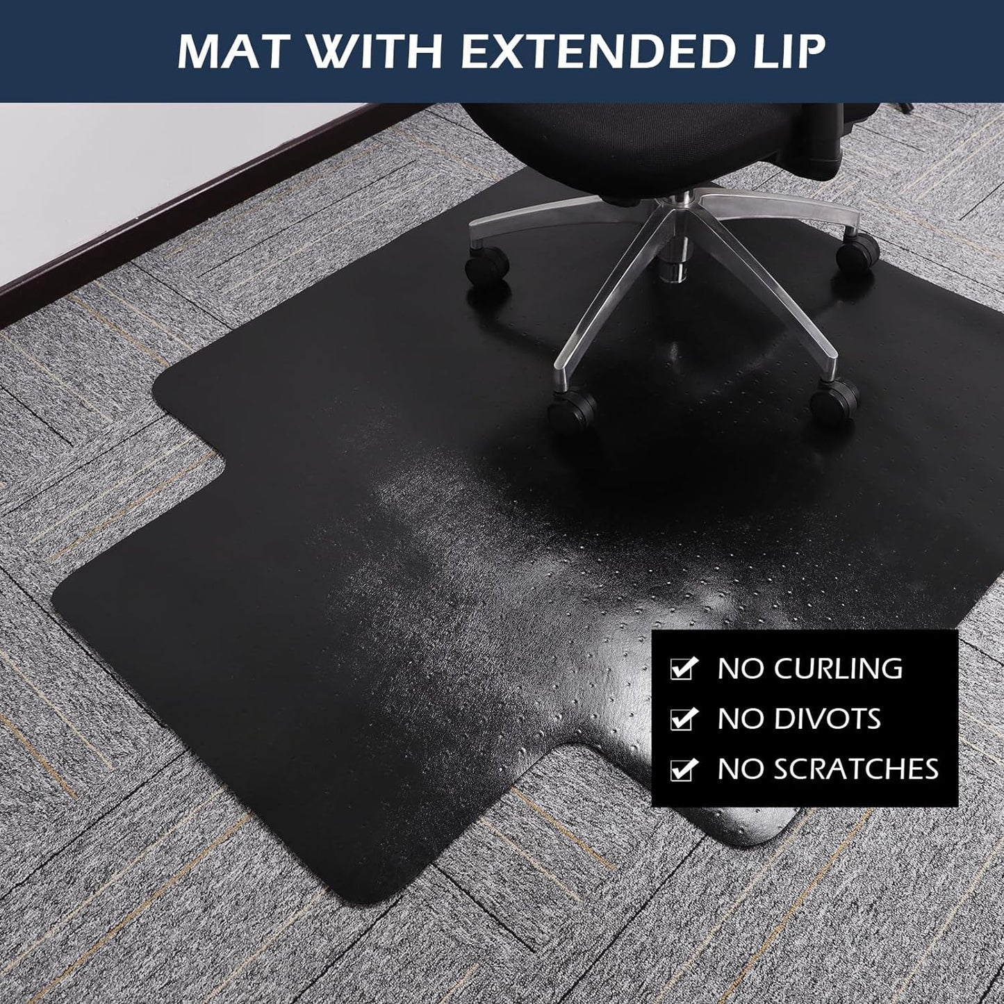 SALLOUS Office Chair Mat for Carpet, 48in x 36in Heavy Duty, Gaming Chair Mat with Grips, Rolling Desk Chair Floor Mat for Home Office (Black, Extended Lip)