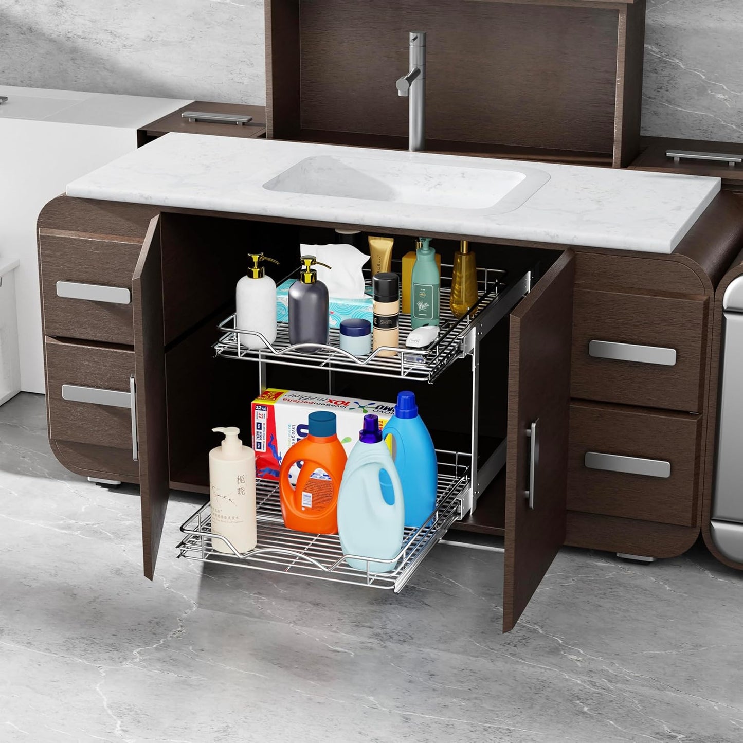 HOLDN’ STORAGE Two Tier Pull Out Cabinet Organizer, Individual Sliding Drawers - Heavy Duty Metal with Lifetime Limited Warranty - Anti Rust Chrome Finish - 11" W x 21”D x 16.5" H