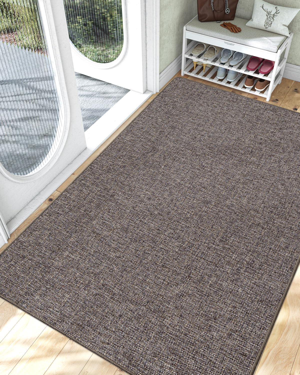 LUMI Ultra Thin Door Mat for Entryway,48"x72" Low Profile Non Slip Rubber Backing Indoor Doormat, Easy Clean Welcome Entrance Mat for Inside House, Patio, Brown