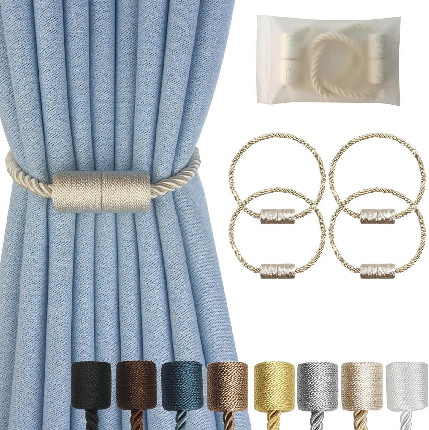Magnetic Curtain Tiebacks 4 Pack Beige Curtain Rope Tieback Curtain Holders for Drapes Modern Tie Backs Decorative Curtain Holdbacks