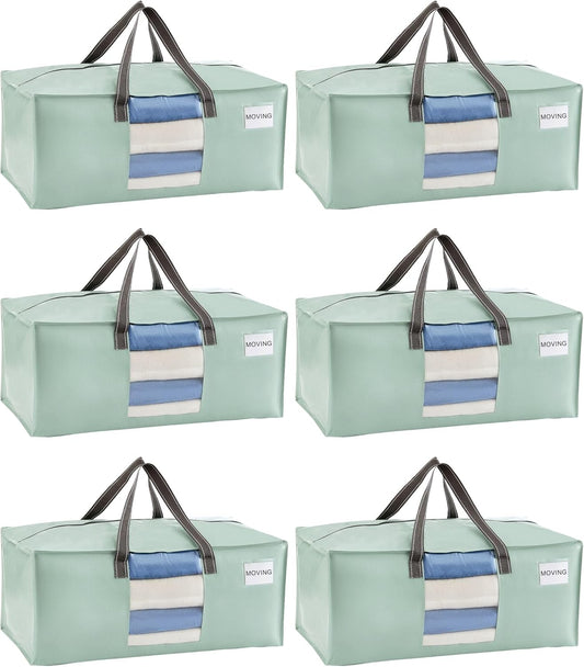 VENO 6 Pack Moving Bags for College, Heavy-Duty Storage Totes, Moving Boxes and Wardrobe Packing Supplies Alternative - Extra Large Durable Laundry Bags for Clothes (Shiny Light Green, 6 Pack)