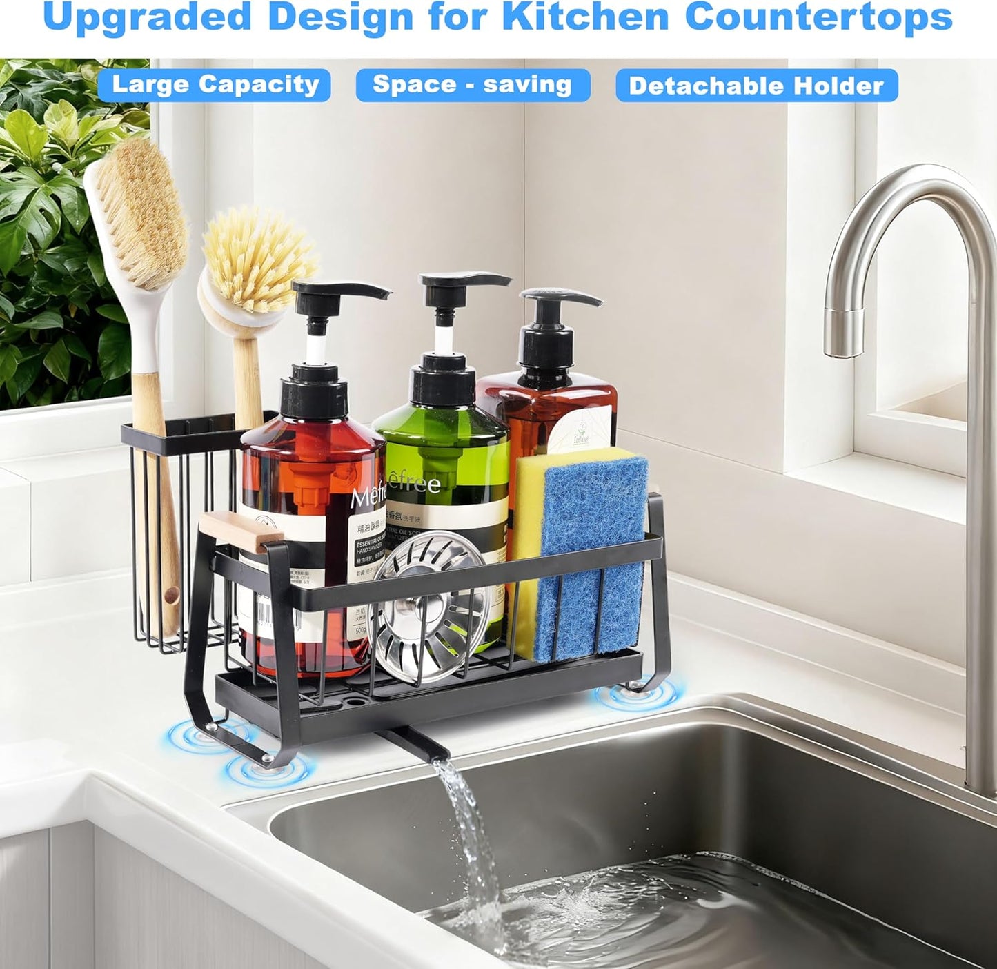 Suction Cup Sponge Holder for Kitchen Sink Caddy Organizer Rack for Dish Brush Holder and Soap Dispenser, Stainless Steel Sink Sponge Caddy for Bathroom Countertop Storage Auto Drain