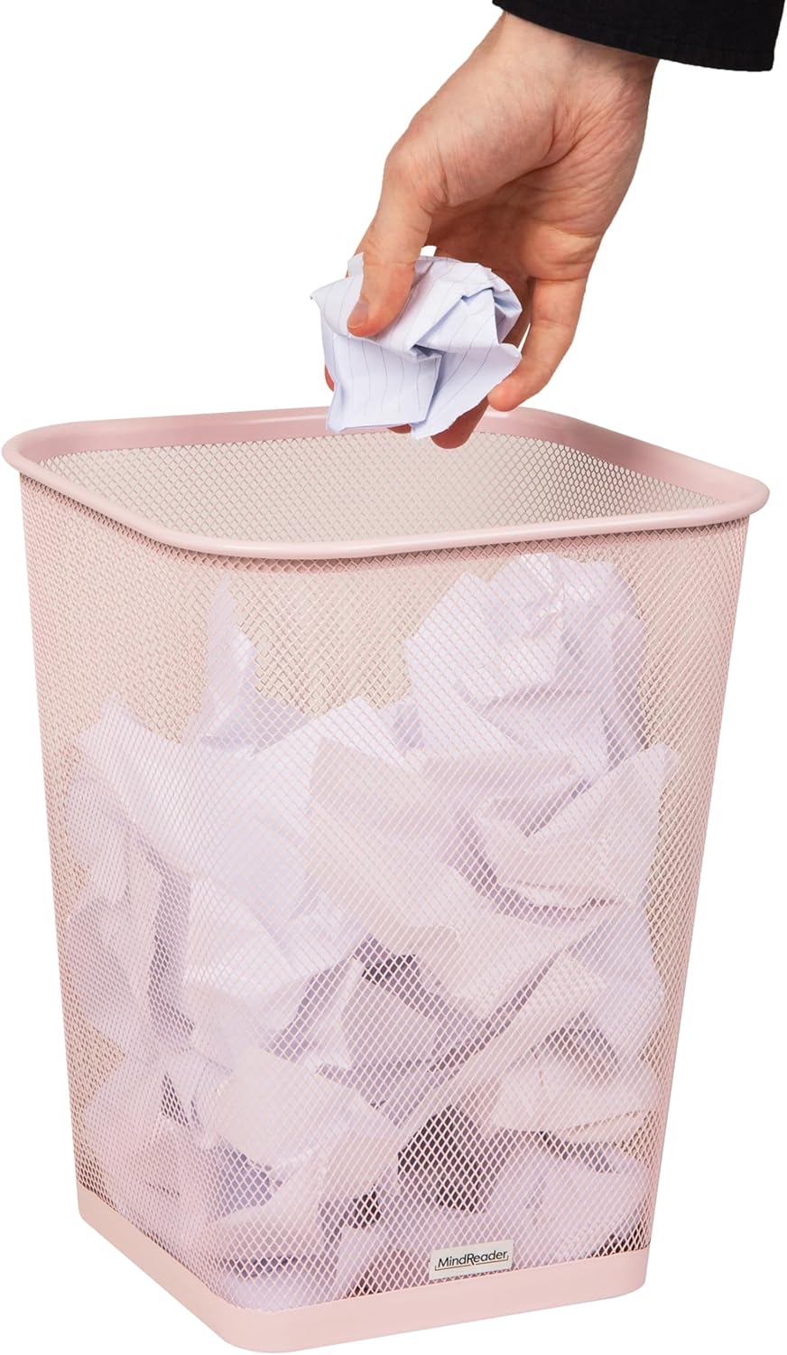 Mind Reader Mesh Trash Can, Square Wastebasket for Office or Home, 5 Gallon Capacity, Metal Mesh, Set of 2, Pink