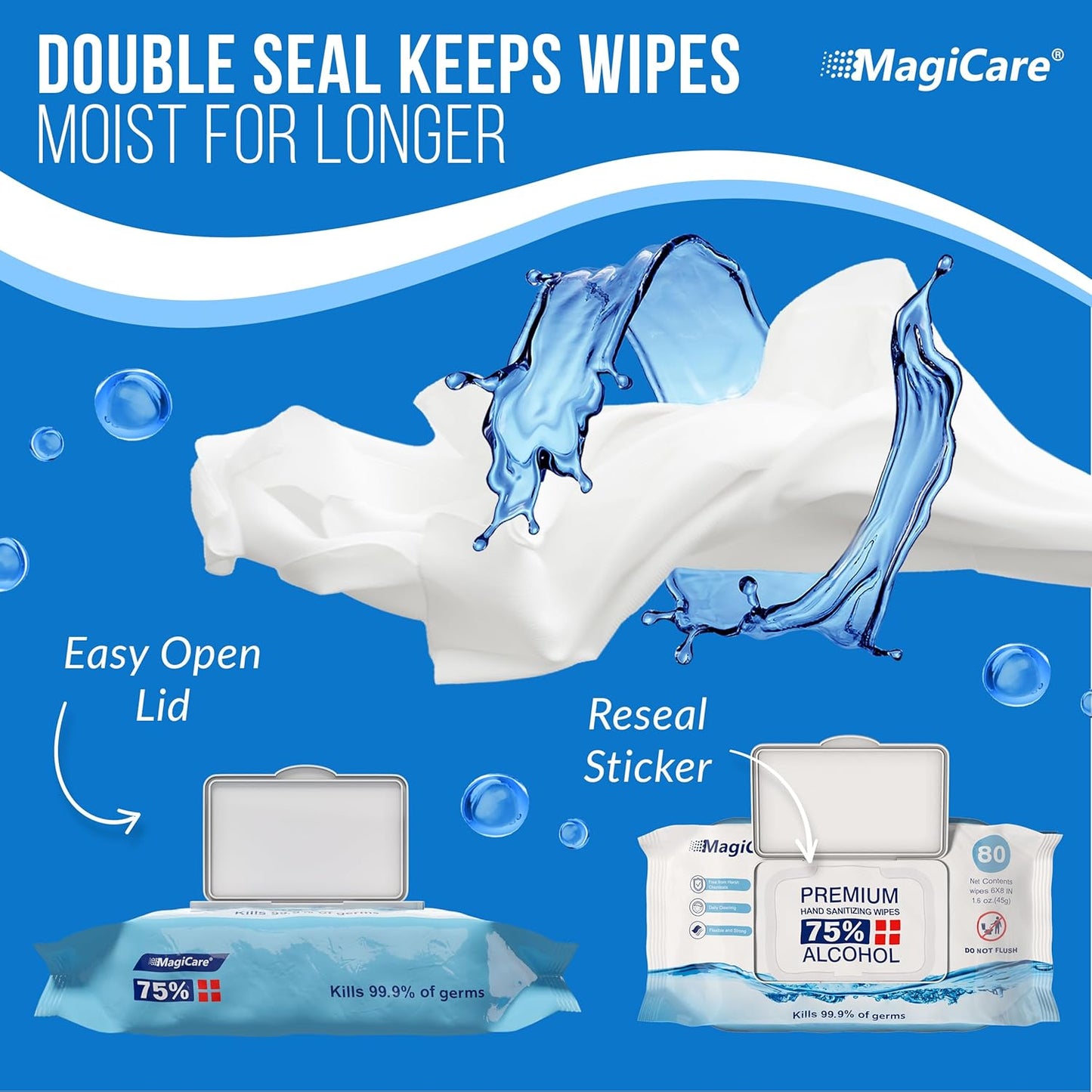MagiCare 75% Large Alcohol Wipes (4-80ct Packs) - Alcohol Hand Sanitizing Wipes, Premium - Unscented Hand Wipe, Sanitizer Wipe - Travel, Home, Classroom, Camping - 4 Soft Packs (320pcs)