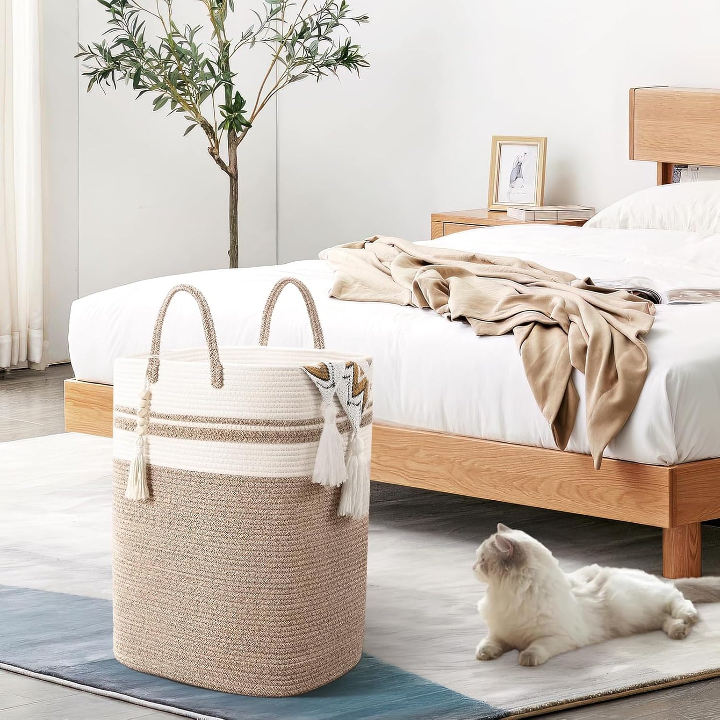 Woven Laundry Basket for Clothes, 100 L Large Rectangle Laundry Hampers, Nursery Storage Basket for Toys, Tall Dirty Clothes Hamper for Bedroom Aesthetic, Bathroom, Laundry Room