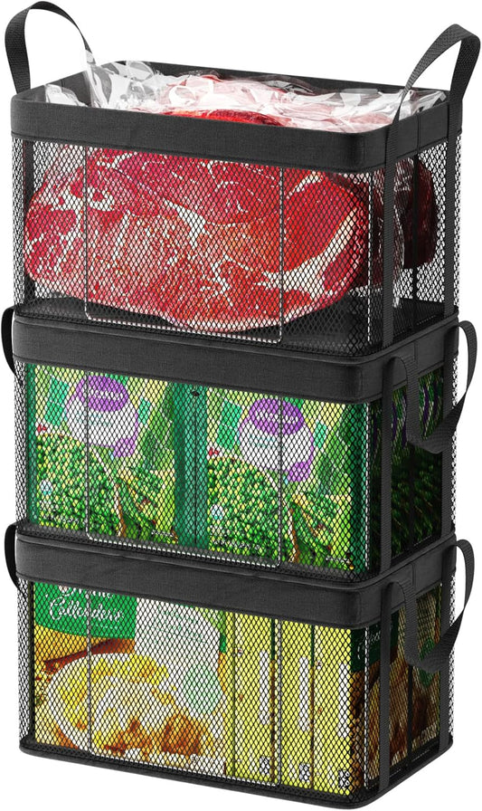 iSPECLE Freezer Organizer Bins - 3 Pack Large Stackable Deep Freezer Organizer Bins for 5 to 7 Cu.Ft Chest Freezers Easy Get Foods without Digging, Faster Freezing Better Freshness, Black