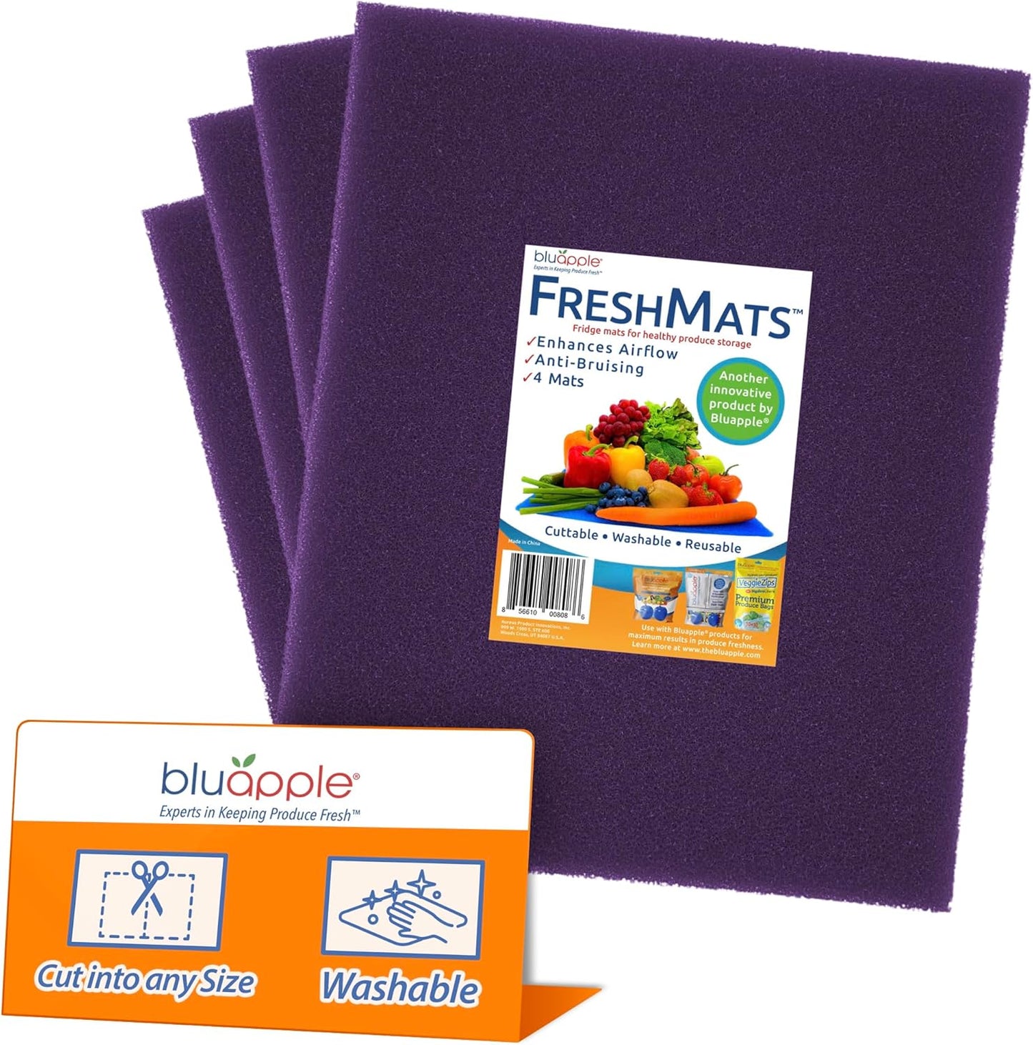 Bluapple FreshMats, Refrigerator Bin Liner, Fridge Drawer Mats, Crisper Life Extender Liner Keeps Produce Fresh Longer, Anti-Bruising, for Air Circulation, Washable & Reusable (4-Mats, 12x15, Purple)