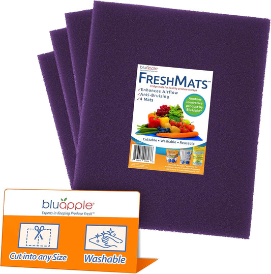 Bluapple FreshMats, Refrigerator Bin Liner, Fridge Drawer Mats, Crisper Life Extender Liner Keeps Produce Fresh Longer, Anti-Bruising, for Air Circulation, Washable & Reusable (4-Mats, 12x15, Purple)