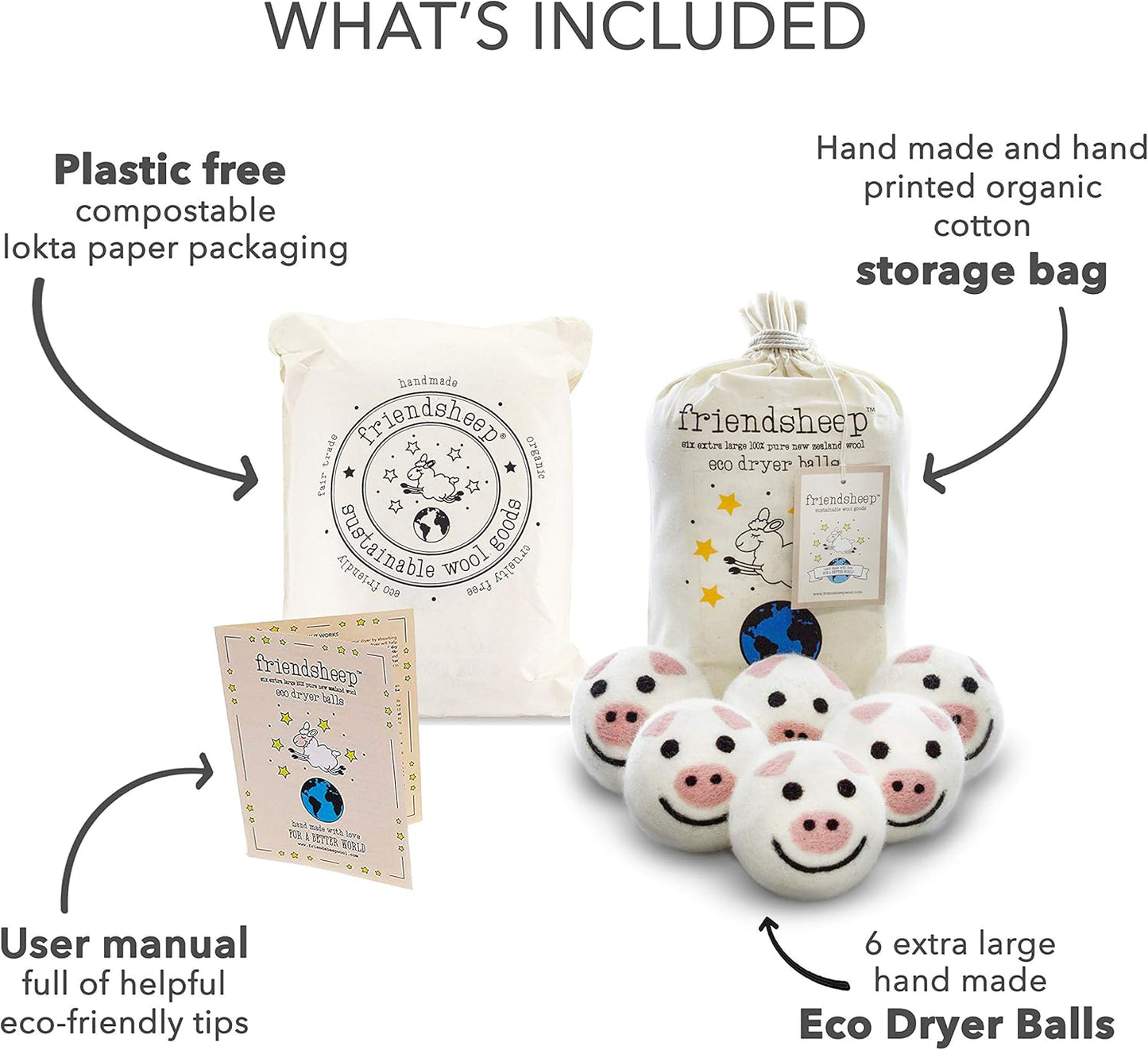 Friendsheep Wool Dryer Balls 6 Pack XL Organic Premium Reusable Cruelty Free Handmade Fair Trade No Lint Fabric Softener Pig - Piggy Band