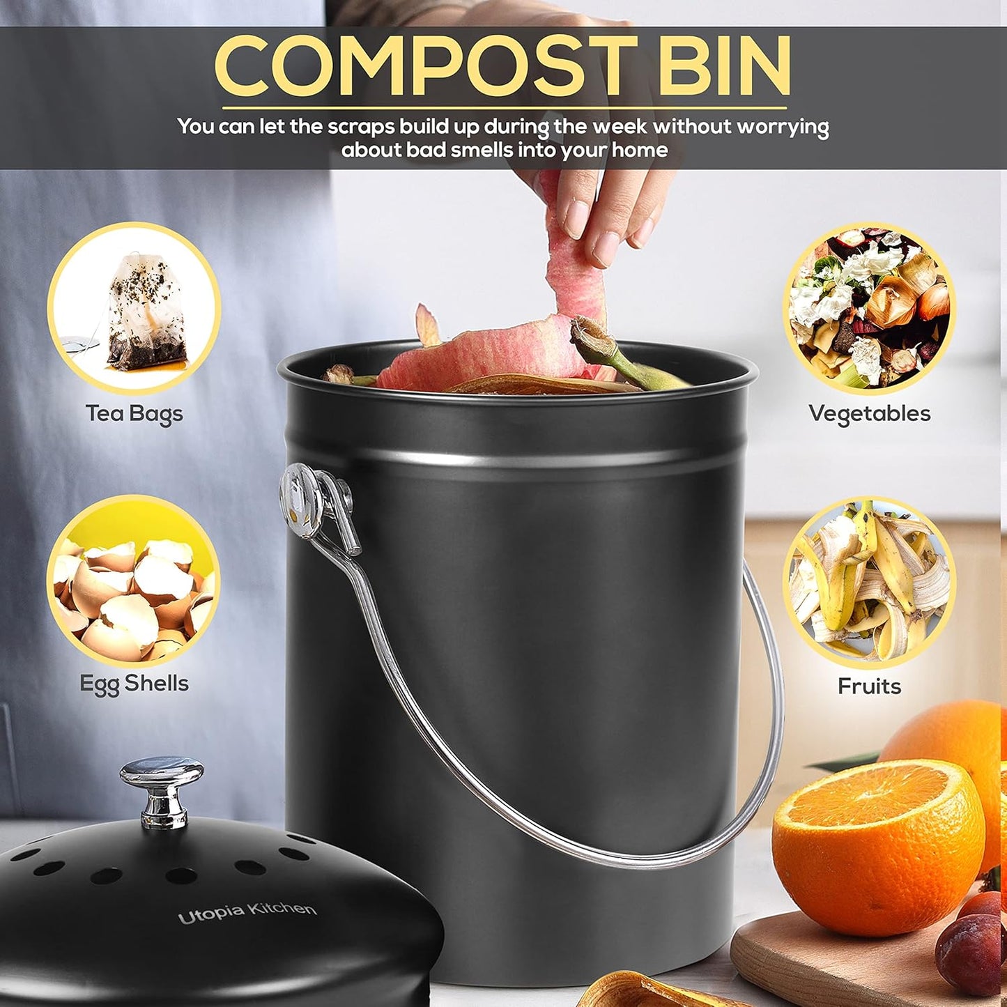 Utopia Kitchen Compost Bin for Kitchen Countertop, 1.3 Gallon Compost Bucket for Kitchen with Lid, Includes 1 Spare Charcoal Filter (Black)