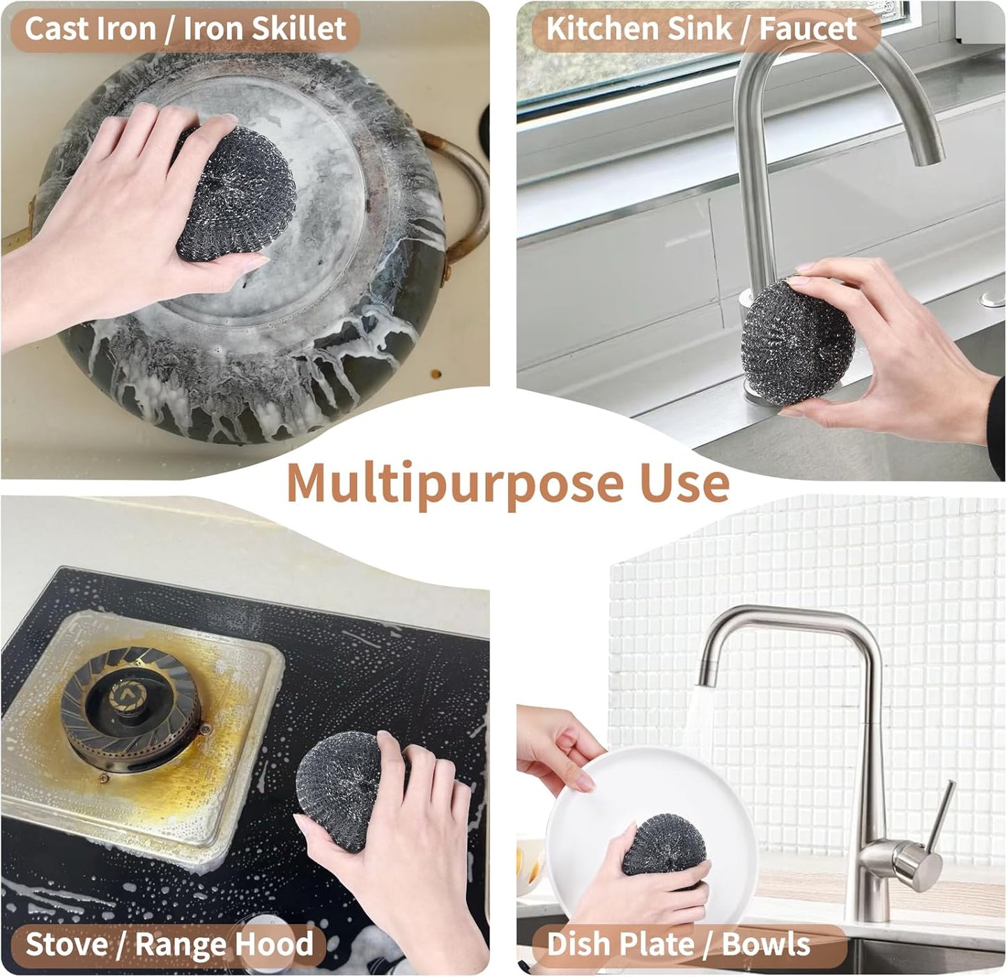 6PCS Steel Wool Scrubber Wire Sponge Set, Barbecue Grill Cleaning Scrubber Pads, Stainless Steel Scrubber Replacement for Scouring Messes from Cast Iron, Pots, Pans, Grill, Stoves, Sink (6 Pads)