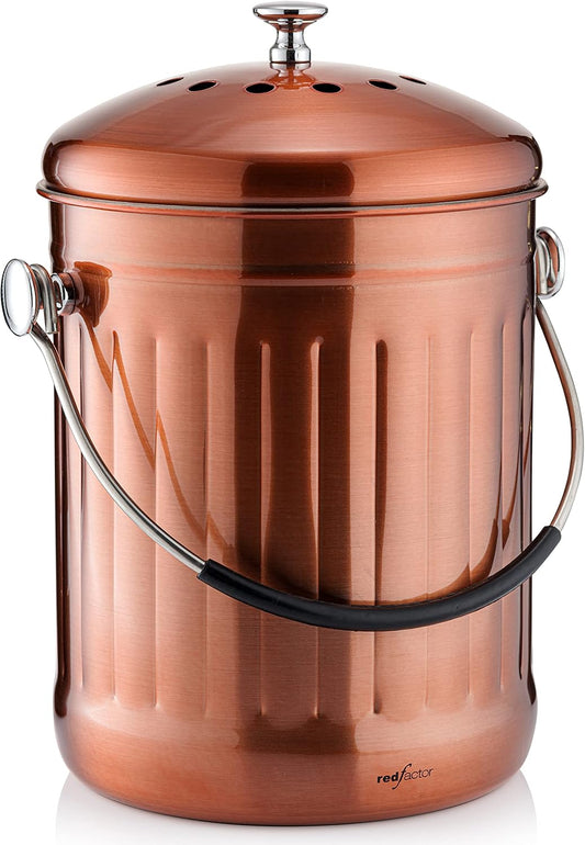 RED FACTOR Premium Compost Bin for Kitchen Countertop - Stainless Steel Food Waste Bucket with Innovative Dual Filter Technology - Includes Spare Filters (Matt Copper, 1.3 Gallon)