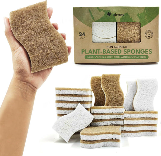 Biodegradable Natural Kitchen Sponge - Compostable Cellulose and Coconut Walnut Scrubber Sponge (24 Pack)