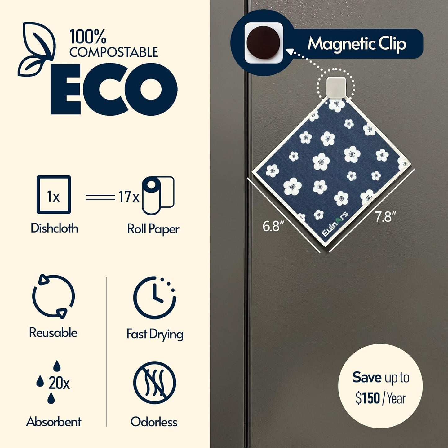 Swedish Dishcloths for Kitchen, 8 Pack Japanese Pattern Reusable Paper Towels with Clips, Non-Scratch Swedish Dish Towels, Super Absorbent Cellulose Dish Cloths, No Odor