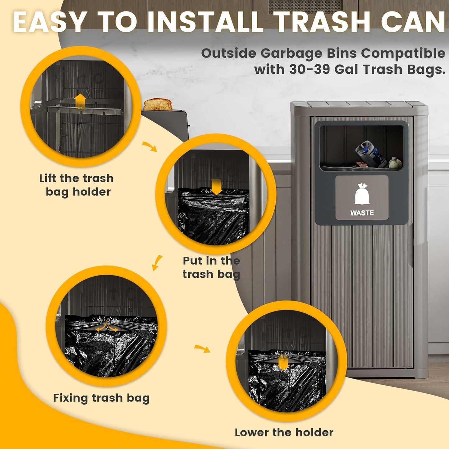 Outdoor Trash Can, Waterproof Resin Garbage Can Indoor and Outdoor Use, Durable & Weather-Resistant Commercial Garbage Can, Outside Trash Bin for Patio, Kitchen