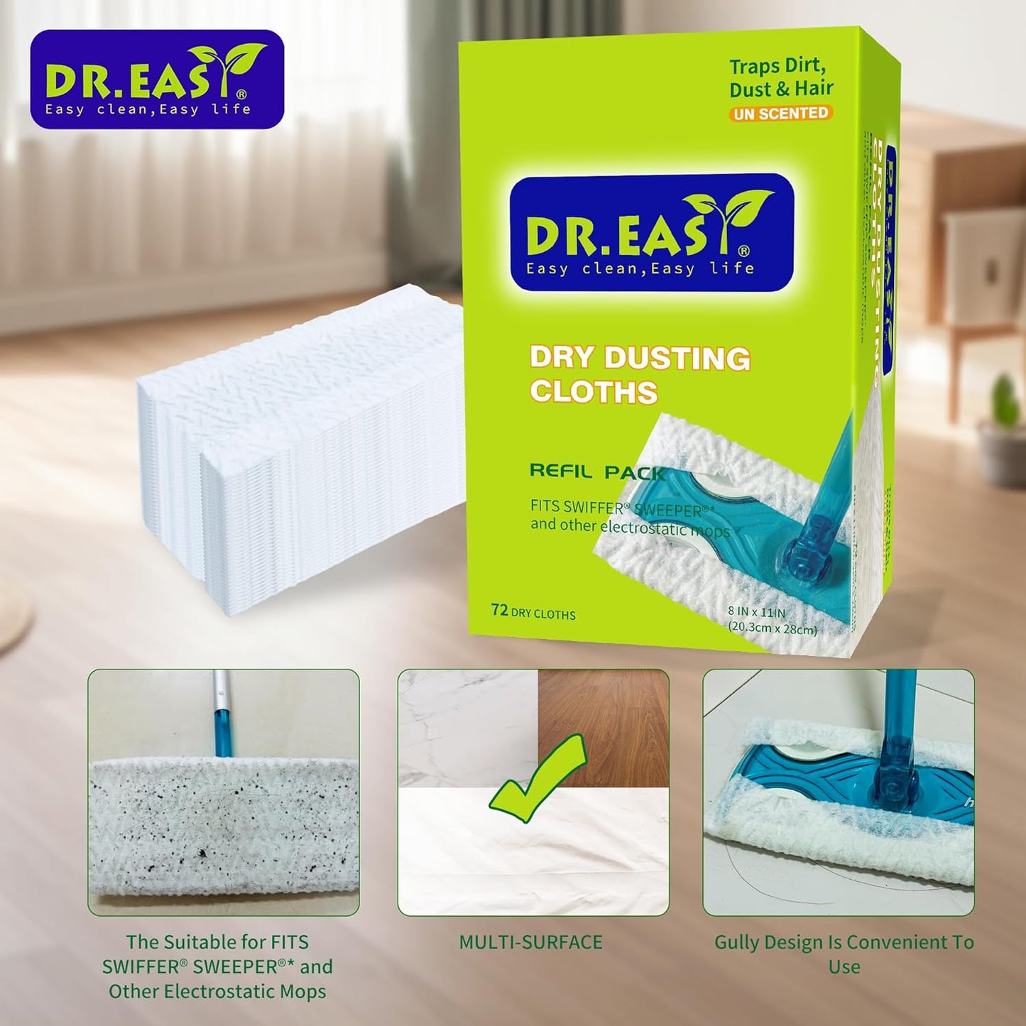 Dr.Easy Dry Sweeping Cloths,72ct Disposable Mopping Pads Refil Pack,fits SWIFFER Sweeper and Other Electrostatic Mop Heads for Floor Mopping and Cleaning.Bigger Size 8x11in,Catch& Lock Dirt & Hair.
